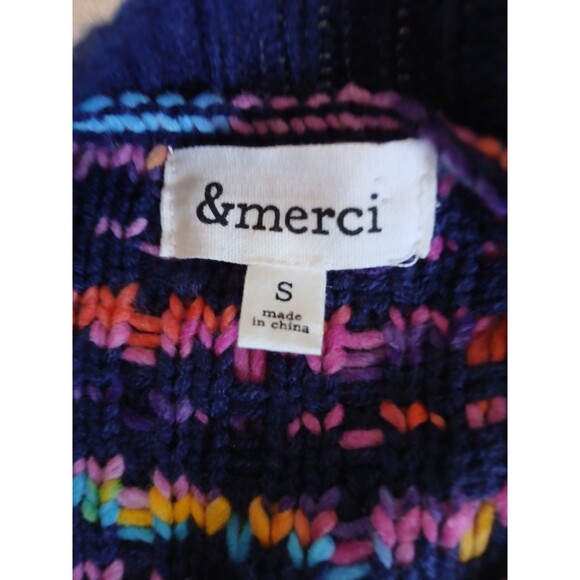 &merci Navy Multicolor Knit Cardigan Sweater Open Front Pockets Size S - Picture 15 of 16